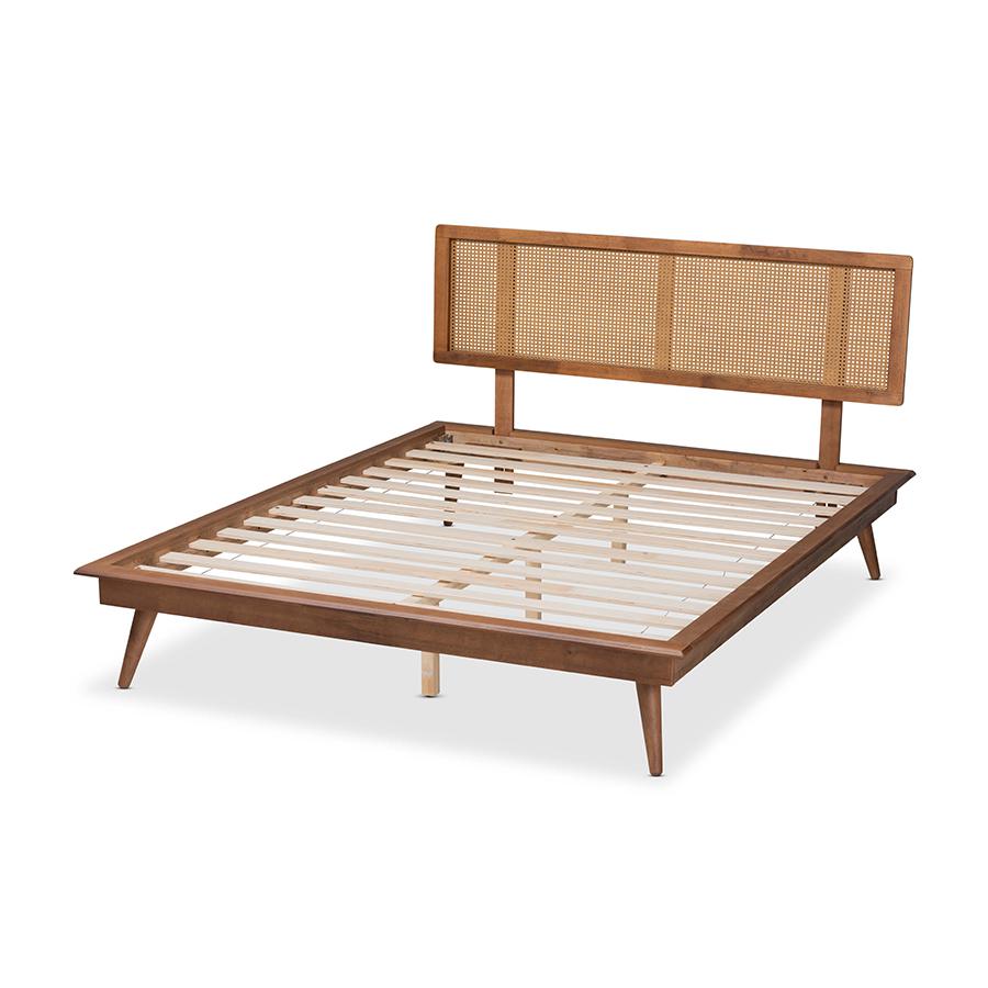 Walnut Brown Finished Wood and Synthetic Rattan King Size Platform Bed. Picture 3