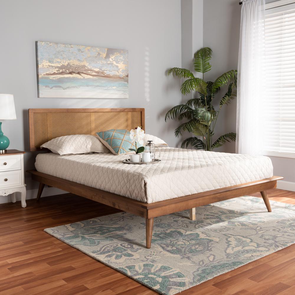 Walnut Brown Finished Wood and Synthetic Rattan Queen Size Platform Bed. Picture 16