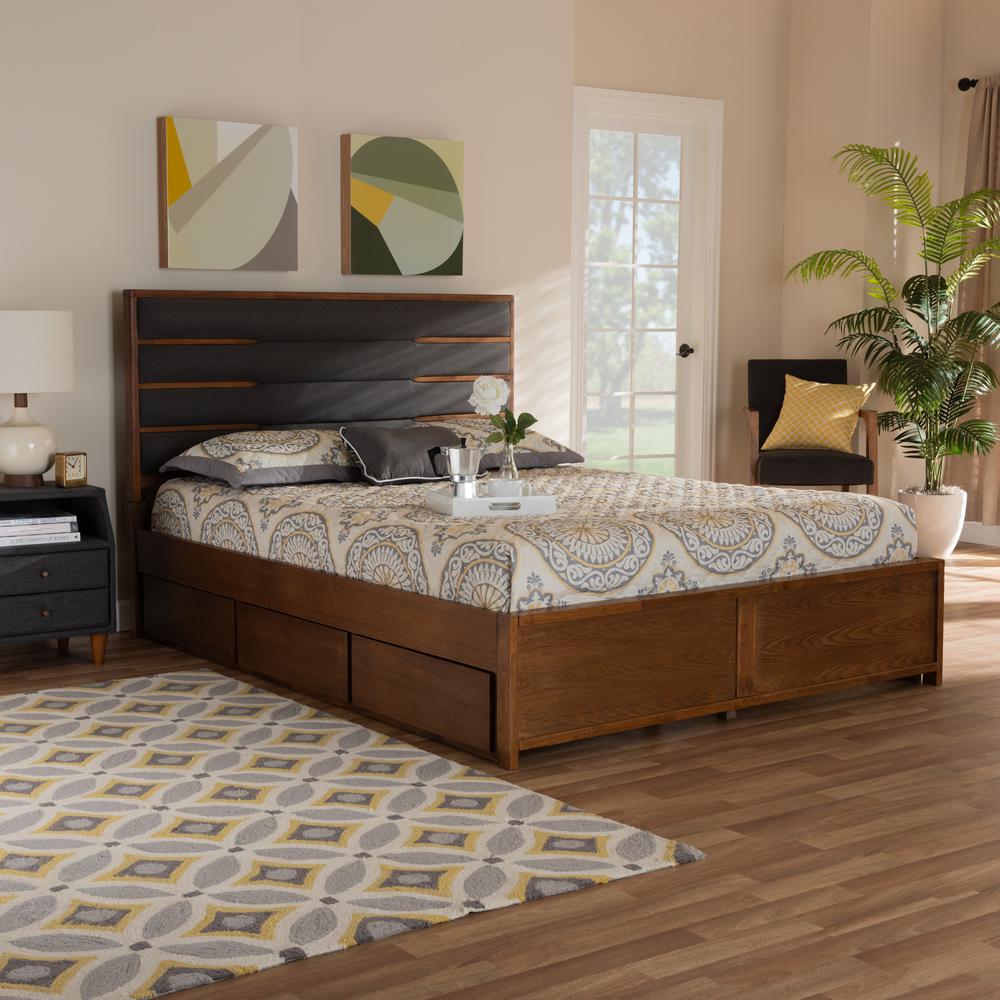 Baxton Studio Elin Modern and Contemporary Dark Grey Fabric Upholstered Walnut Finished Wood King Size Platform Storage Bed with Six Drawers. Picture 2