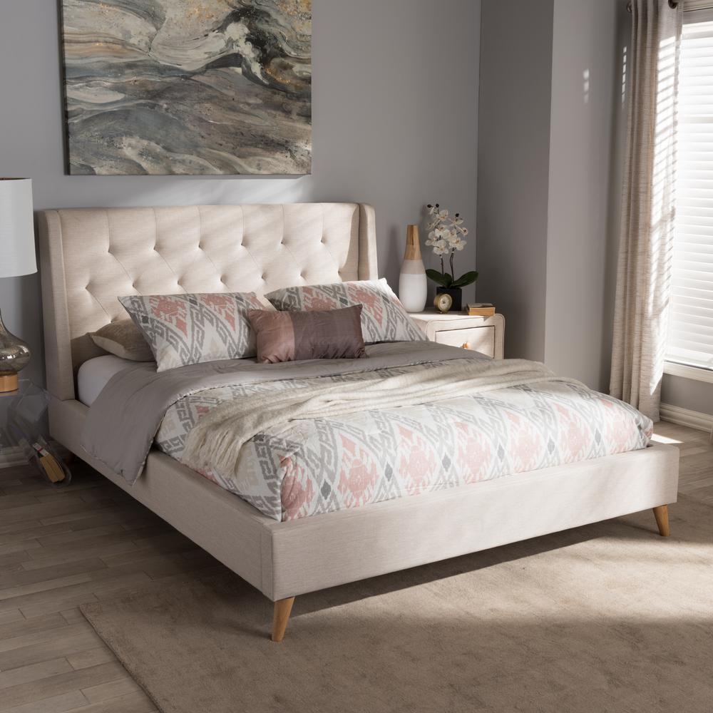 Adelaide Retro Modern Light Beige Fabric Upholstered Queen Size Platform Bed. Picture 14