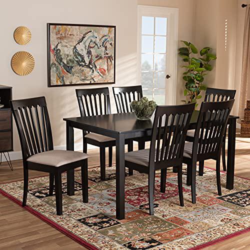 Baxton Studio Minette Modern and Contemporary Sand Fabric Upholstered Espresso Brown Finished Wood 7Piece Dining Set. Picture 1