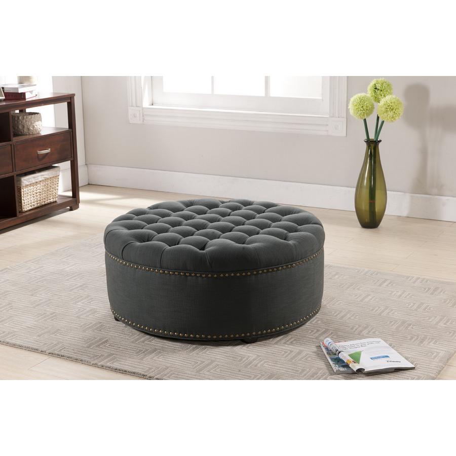 Gray Linen Tufted Ottoman Grey. Picture 3