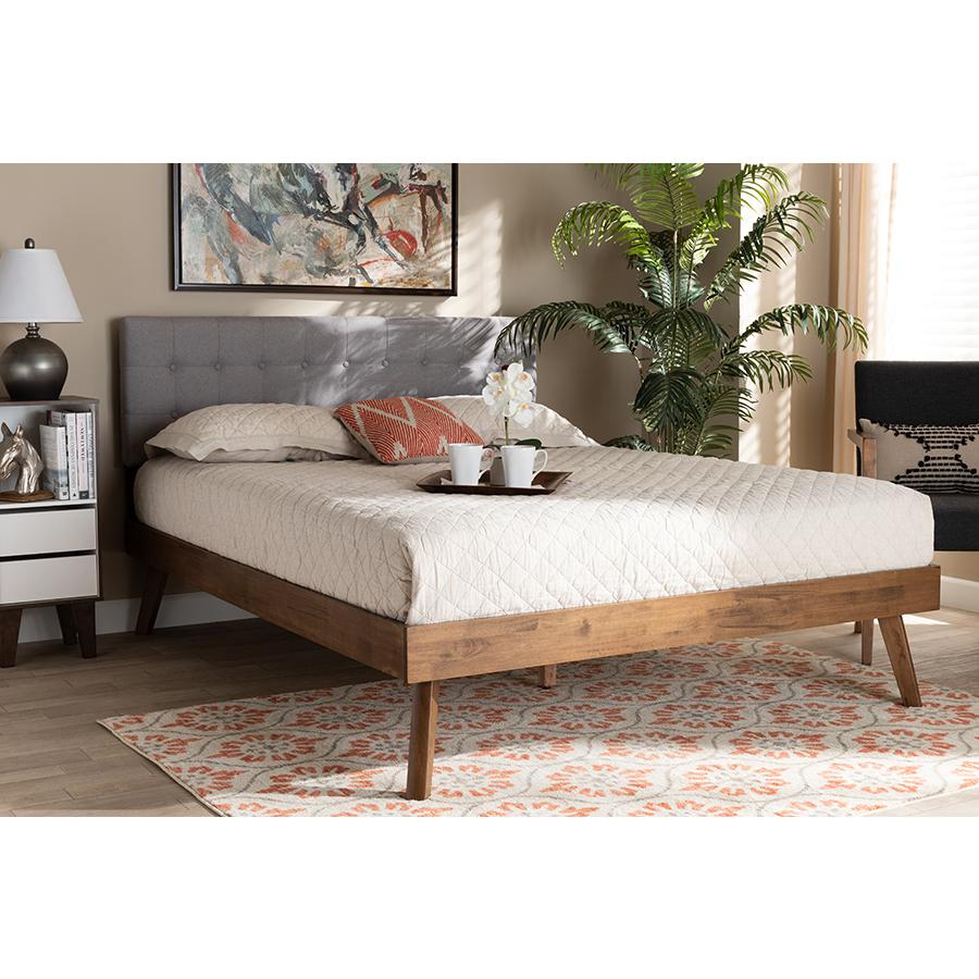 Light Grey Fabric Upholstered Walnut Brown Finished Wood Queen Size Platform Bed. Picture 21