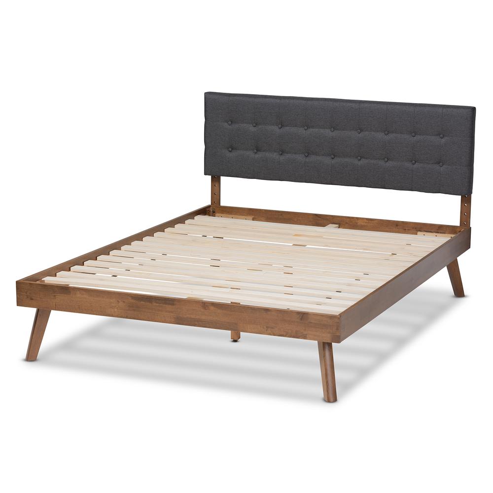 Dark Grey Fabric Upholstered Walnut Brown Finished Wood King Size Platform Bed. Picture 13