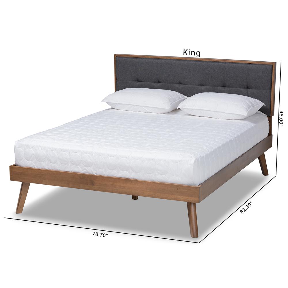 Dark Grey Fabric Upholstered Walnut Brown Finished Wood King Size Platform Bed. Picture 20