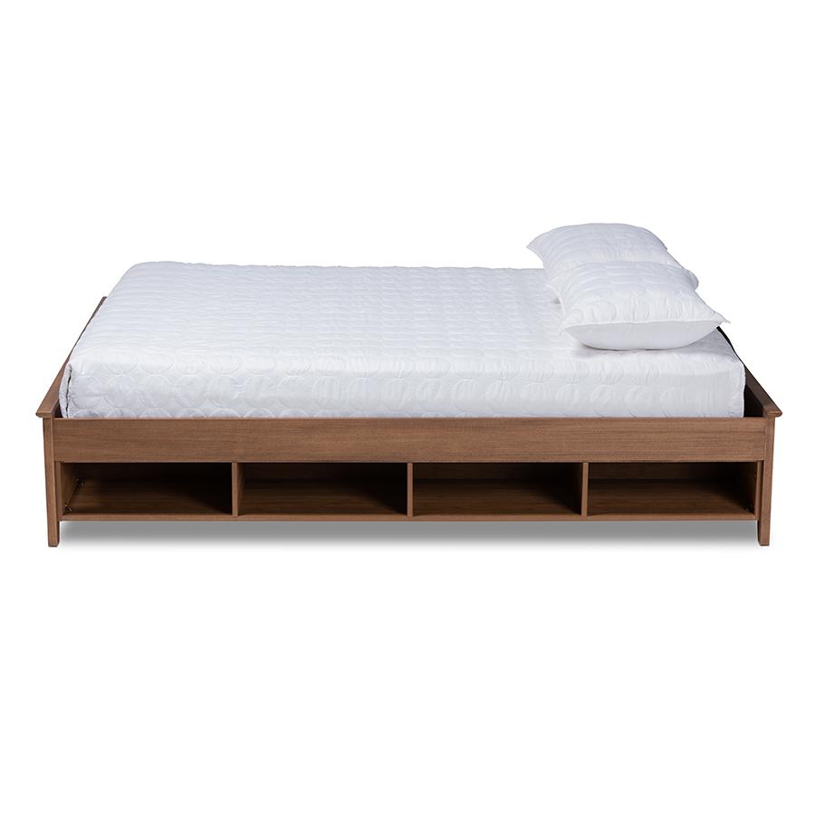 Brown Finished Wood King Size Platform Storage Bed Frame with Built-In Shelves. Picture 2