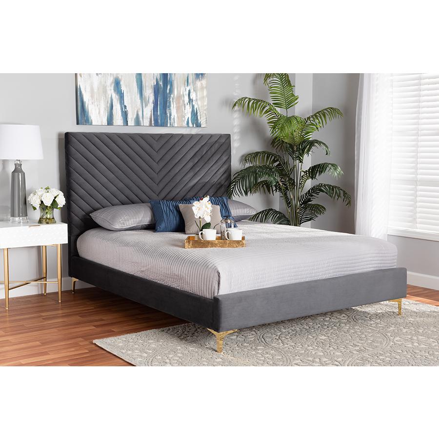 Baxton Studio Fabrico Contemporary Glam and Luxe Grey Velvet Fabric Upholstered and Gold Metal King Size Platform Bed. Picture 8