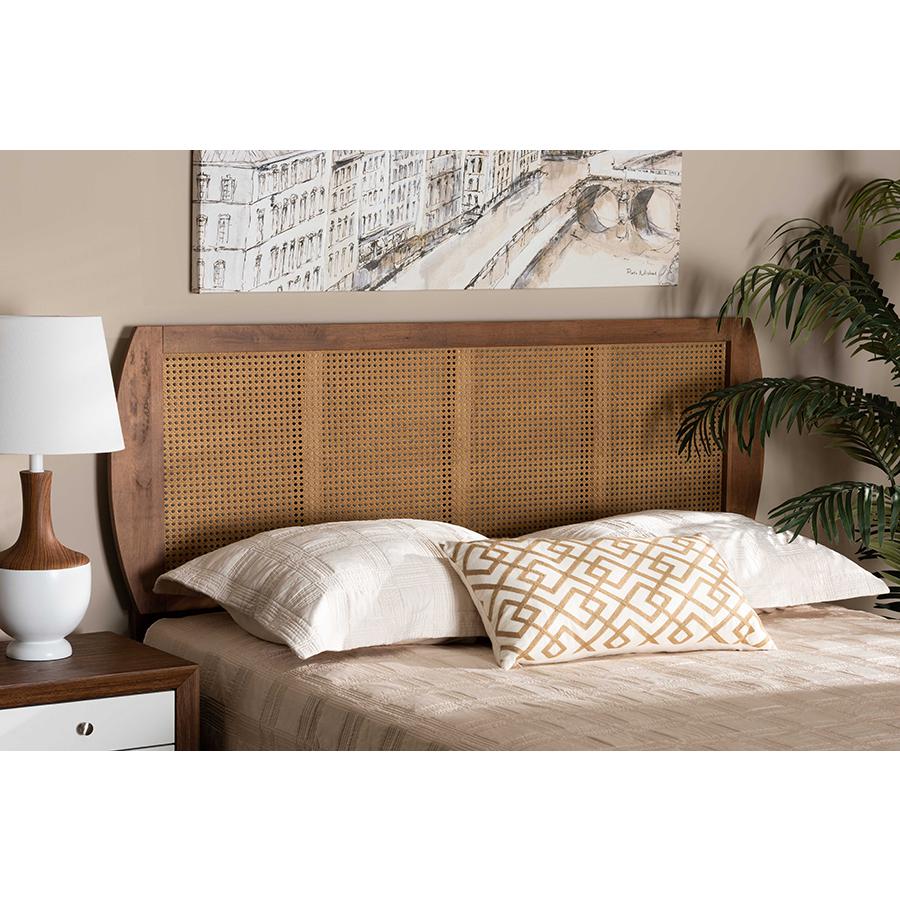Harris Mid-Century Modern Ash Walnut Finished Wood and Synthetic Rattan King Size Headboard. Picture 8