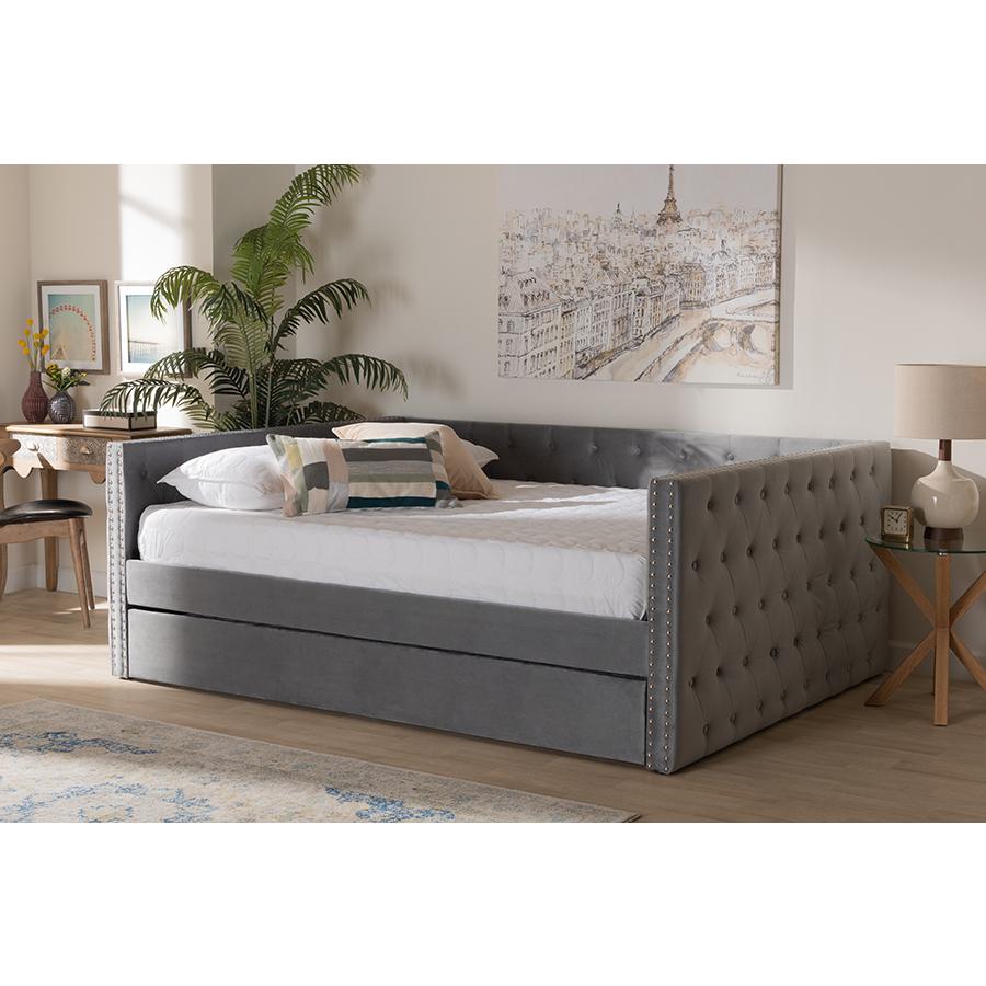 Grey Velvet Fabric Upholstered Queen Size Daybed with Trundle. Picture 25