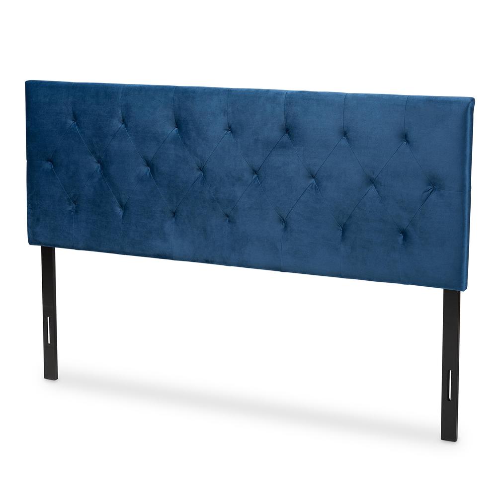Navy Blue Velvet Fabric Upholstered King Size Headboard. Picture 9