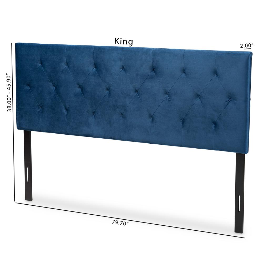 Navy Blue Velvet Fabric Upholstered King Size Headboard. Picture 16