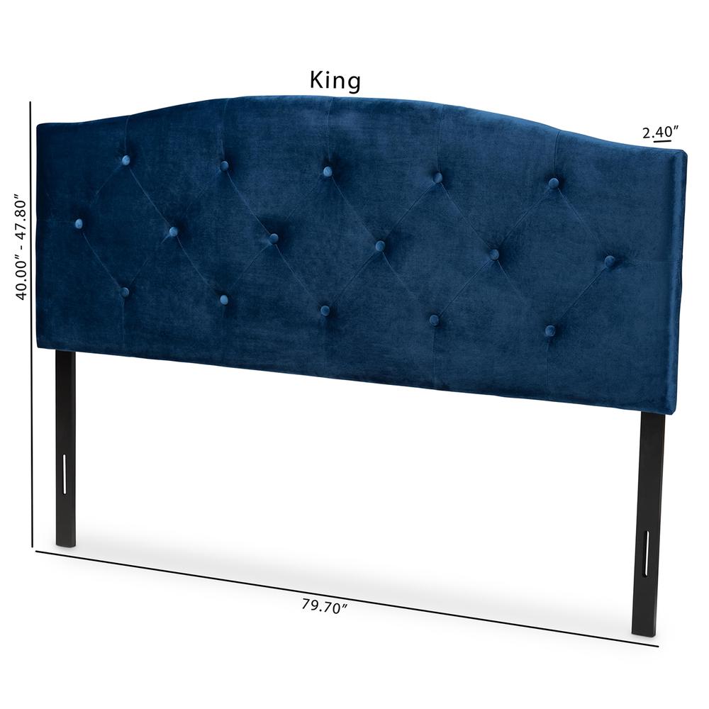 Navy Blue Velvet Fabric Upholstered King Size Headboard. Picture 16