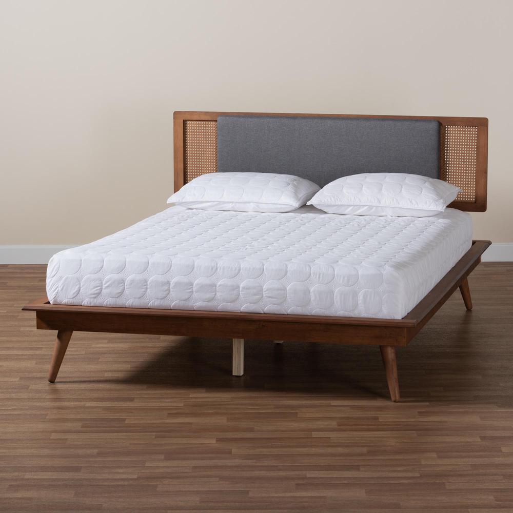 Modern Dark Grey Fabric and Walnut Brown Finished Wood King Size Platform Bed. Picture 19
