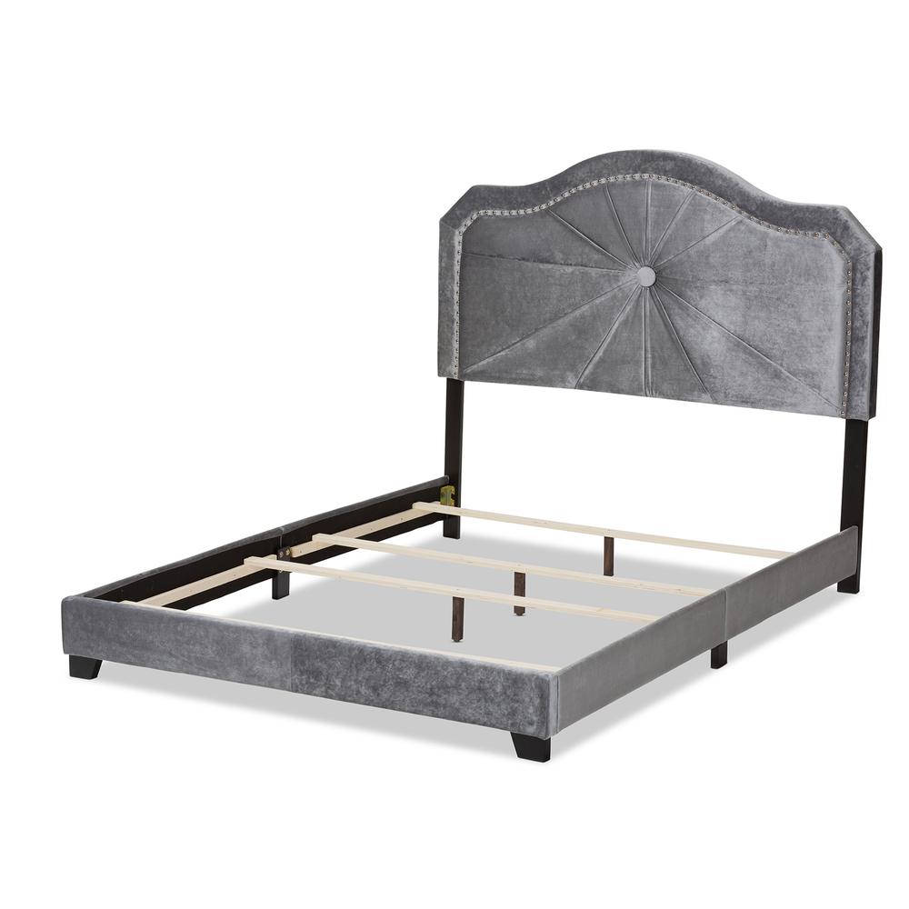 Embla Modern and Contemporary Grey Velvet Fabric Upholstered King Size Bed. Picture 12