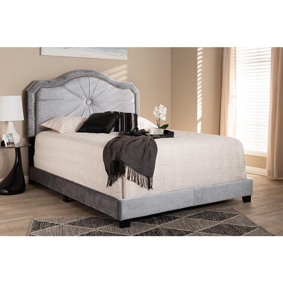 Embla Modern and Contemporary Grey Velvet Fabric Upholstered Queen Size Bed. Picture 19