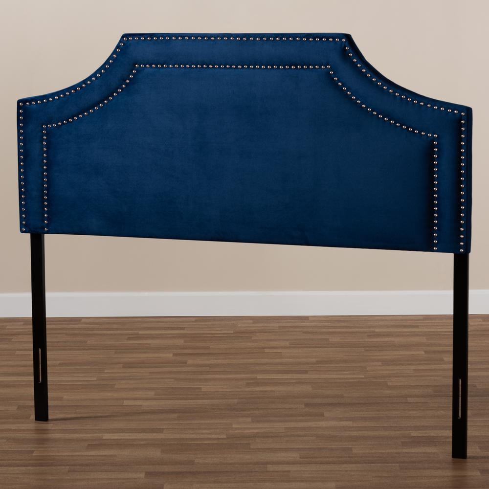 Navy Blue Velvet Fabric Upholstered King Size Headboard. Picture 13