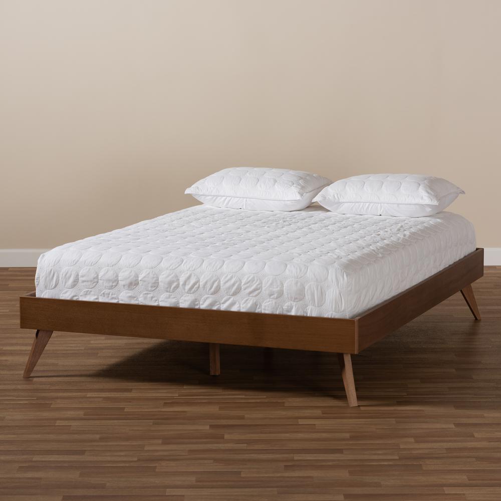 Mid-Century Modern Walnut Brown Finished Wood King Size Platform Bed Frame. Picture 15
