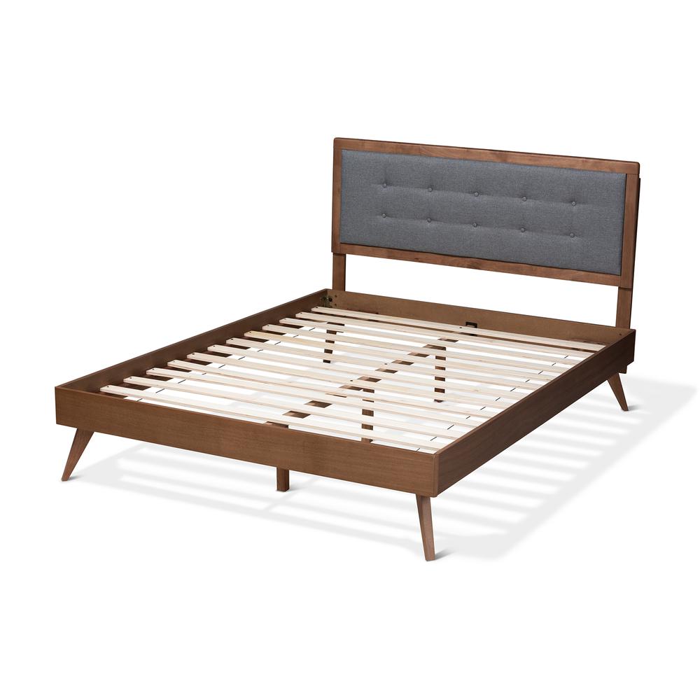 Dark Grey Fabric Upholstered Walnut Brown Finished Wood King Size Platform Bed. Picture 13