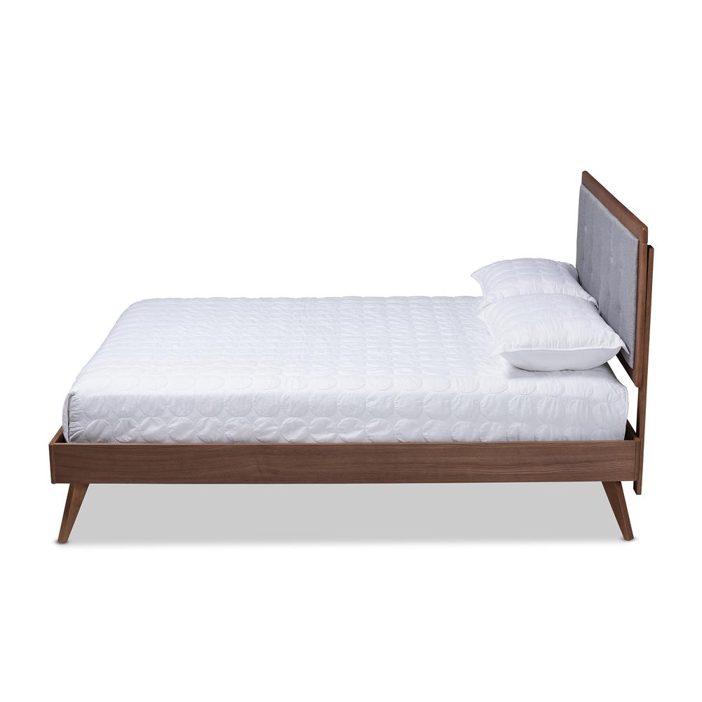 Light Grey Fabric Upholstered Walnut Brown Finished Wood King Size Platform Bed. Picture 12