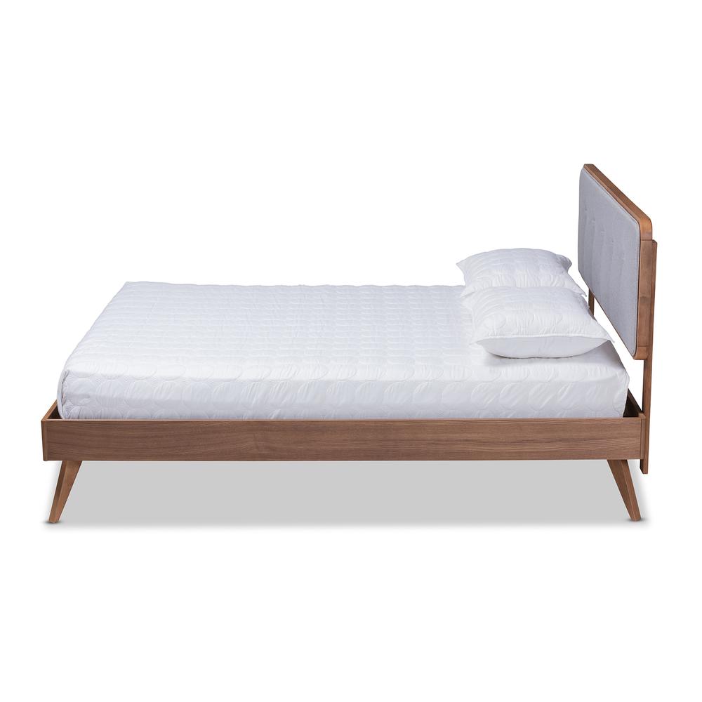 Light Grey Fabric Upholstered Walnut Brown Finished Wood King Size Platform Bed. Picture 12