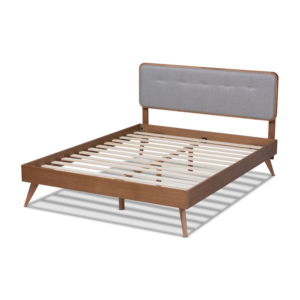 Light Grey Fabric Upholstered Walnut Brown Finished Wood King Size Platform Bed. Picture 13