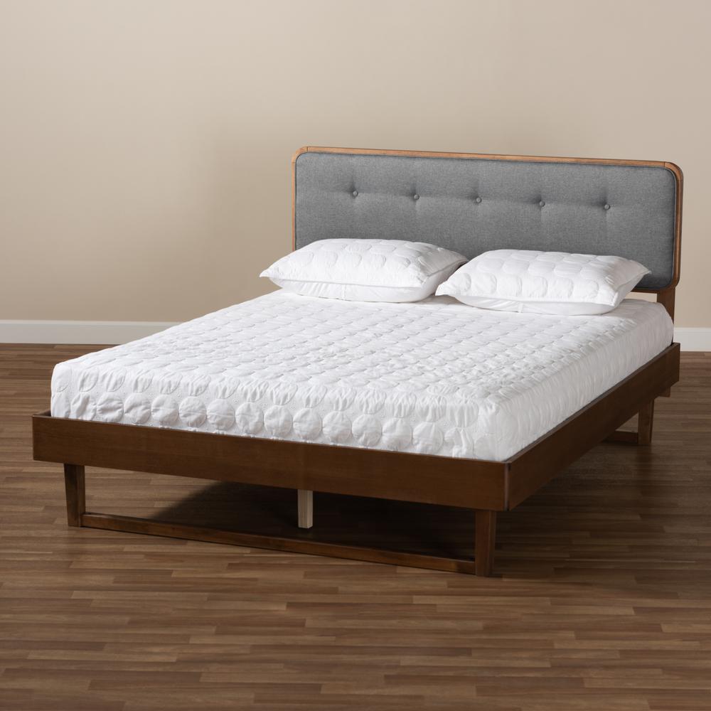 Dark Grey Fabric Upholstered and Ash Walnut Finished Wood King Size Platform Bed. Picture 17