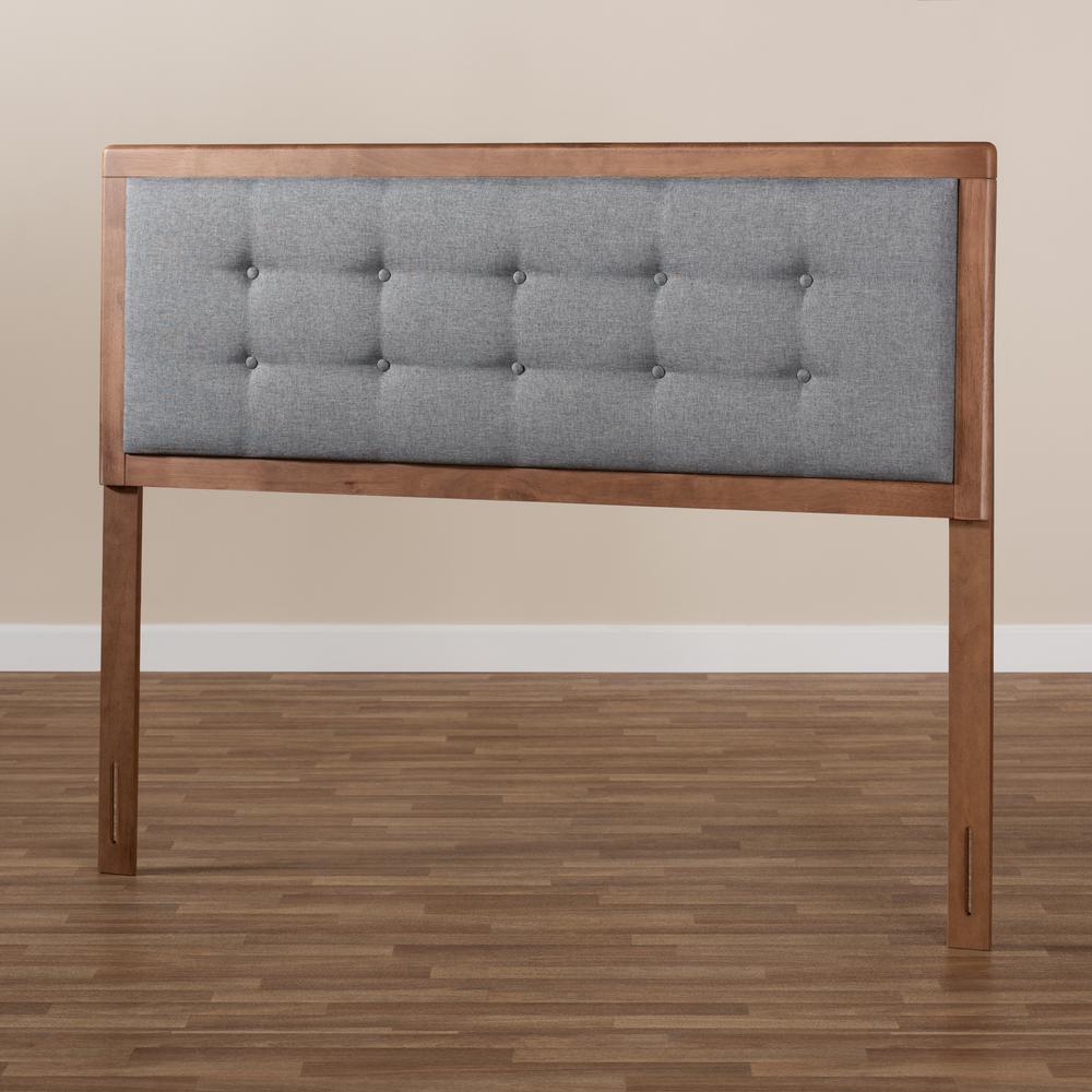 Dark Grey Fabric Upholstered Walnut Brown Finished Wood King Size Headboard. Picture 13