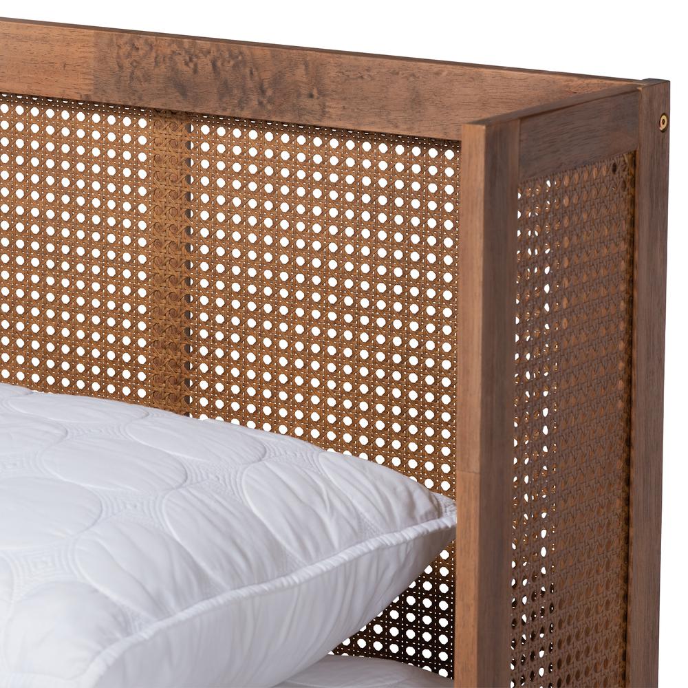 Baxton Studio Rina Mid-Century Modern Ash Wanut Finished Wood and Synthetic Rattan King Size Platform Bed with Wrap-Around Headboard. Picture 16