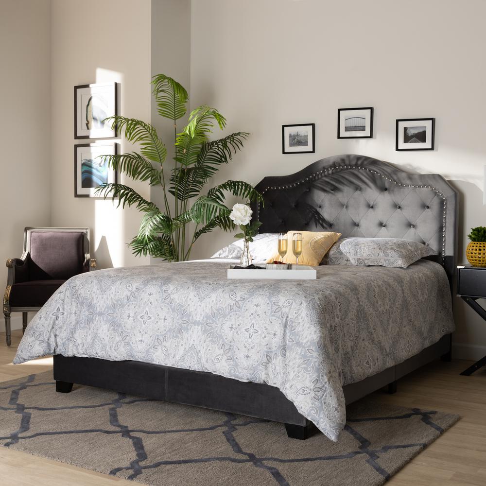Baxton Studio Samantha Modern and Contemporary Grey Velvet Fabric Upholstered Queen Size Button Tufted Bed. Picture 17