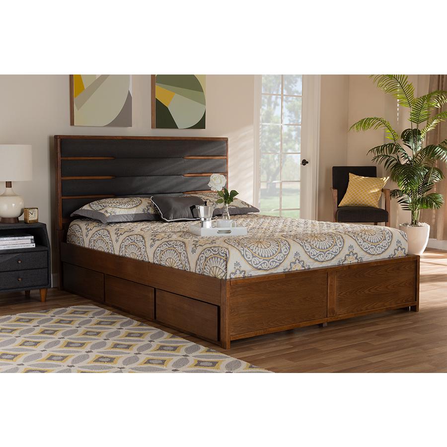 Baxton Studio Elin Modern and Contemporary Dark Grey Fabric Upholstered Walnut Finished Wood King Size Platform Storage Bed with Six Drawers. Picture 9