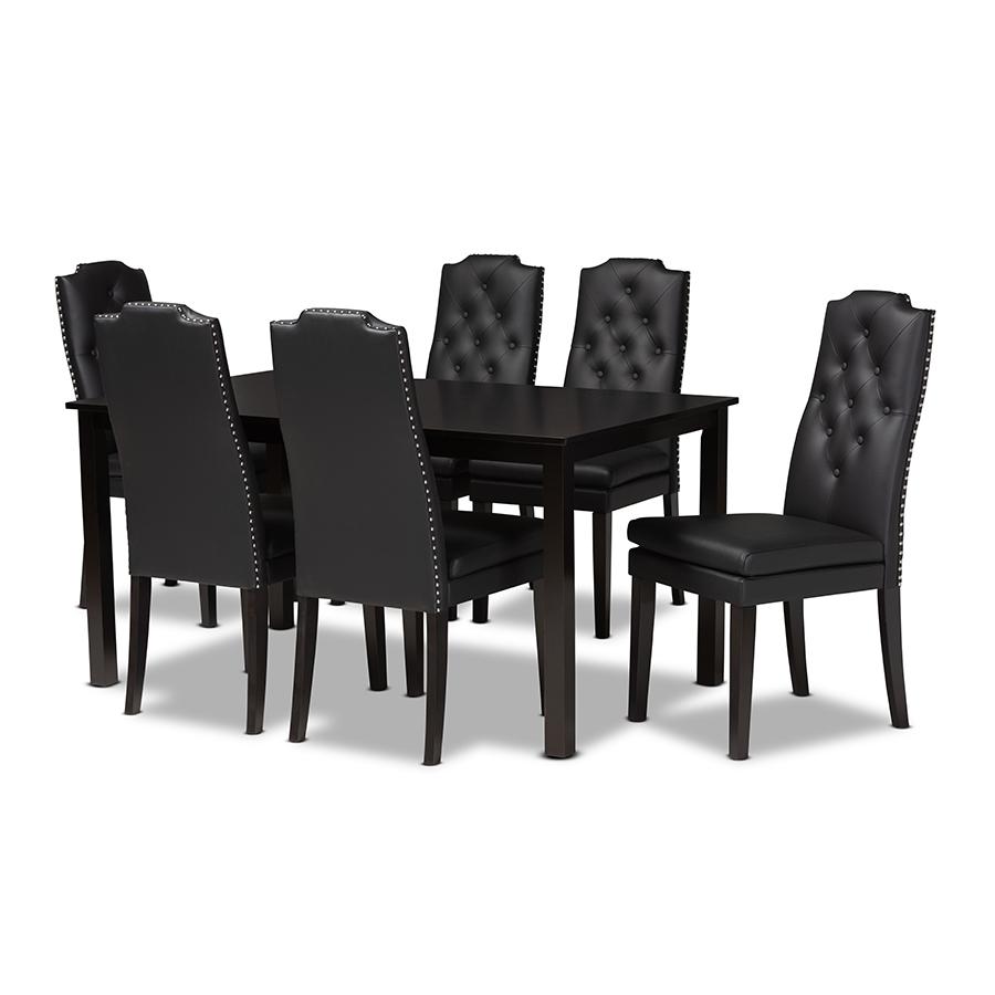 Black Faux Leather Upholstered and Dark Brown Finished Wood 7-Piece Dining Set. Picture 1