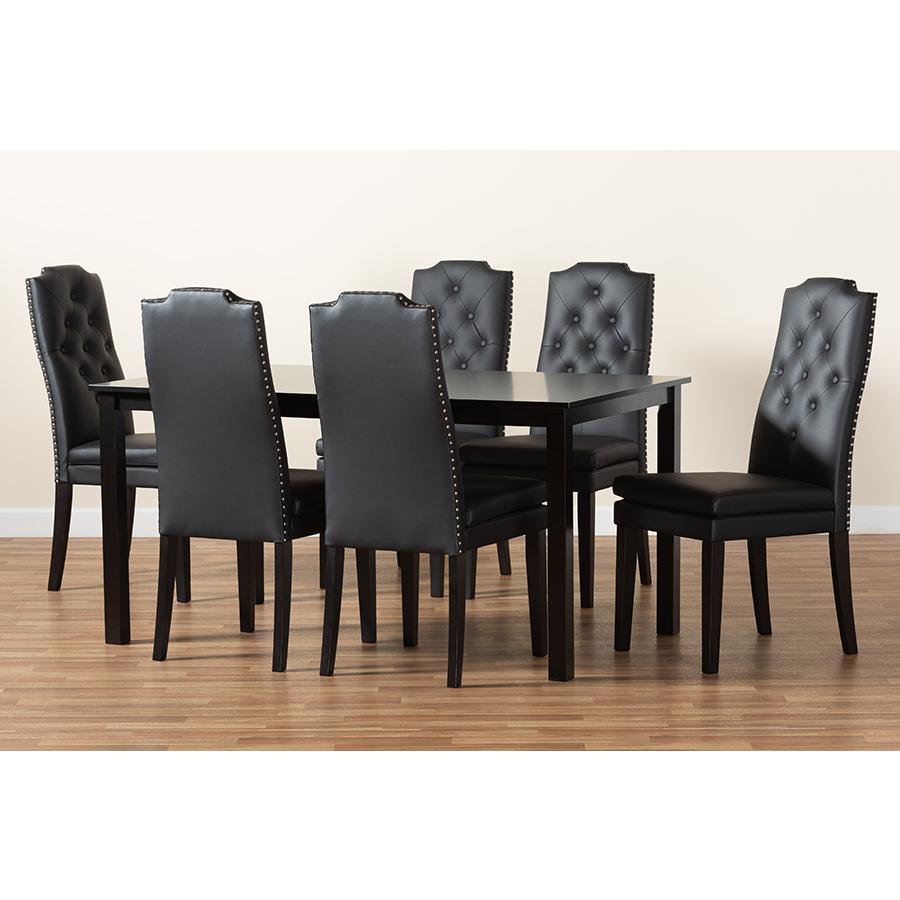 Black Faux Leather Upholstered and Dark Brown Finished Wood 7-Piece Dining Set. Picture 9