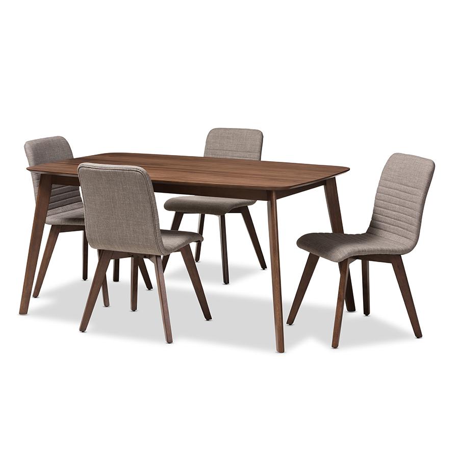 Sugar Mid-Century Modern Light Grey Fabric Upholstered Walnut Wood Finished 5-Piece Dining Set. Picture 1