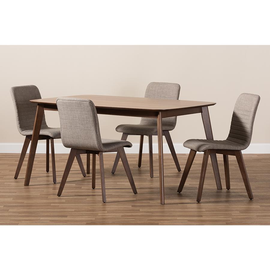 Sugar Mid-Century Modern Light Grey Fabric Upholstered Walnut Wood Finished 5-Piece Dining Set. Picture 6