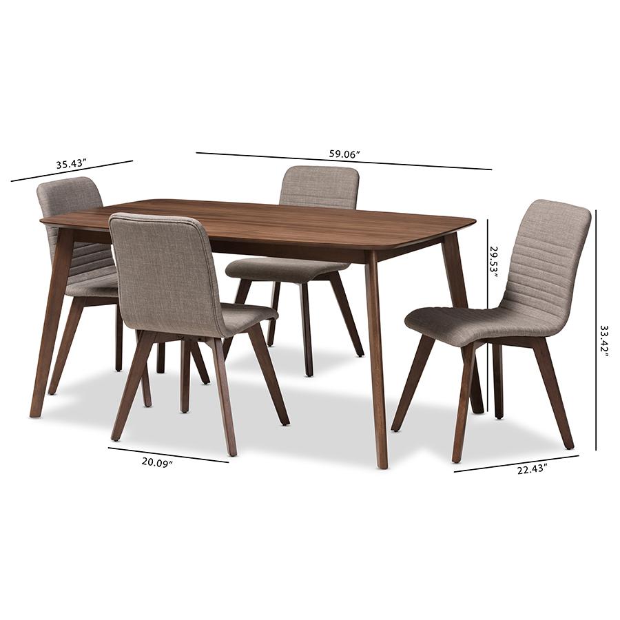 Sugar Mid-Century Modern Light Grey Fabric Upholstered Walnut Wood Finished 5-Piece Dining Set. Picture 7