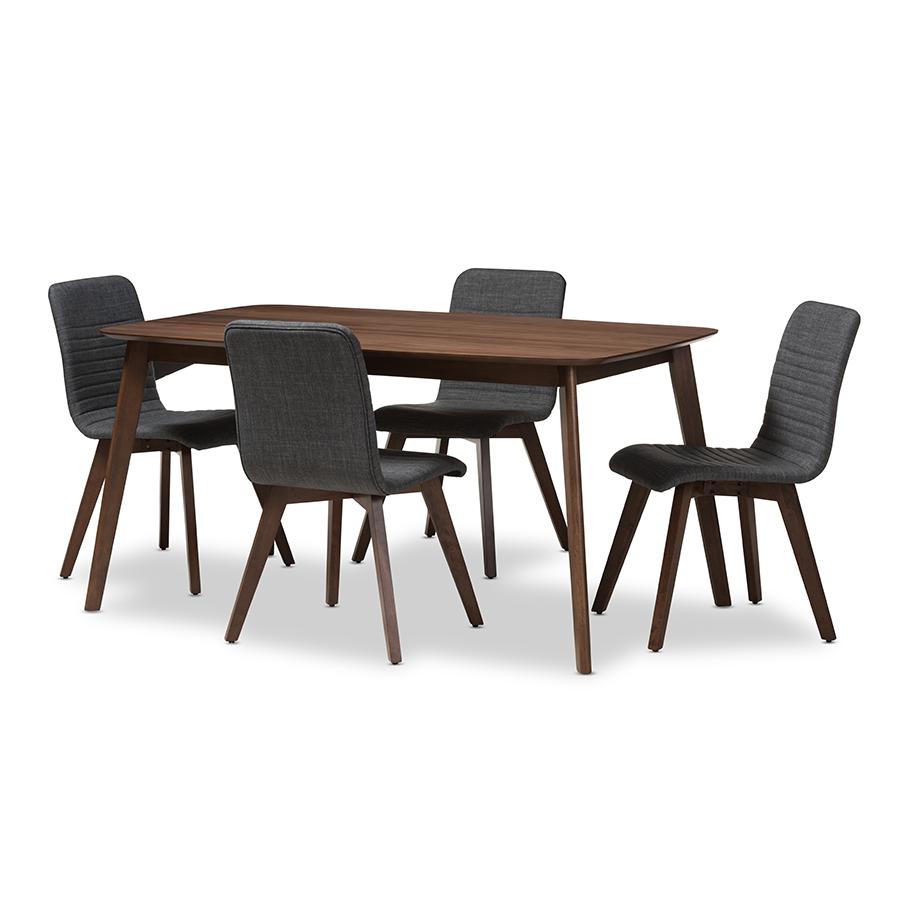 Sugar Mid-Century Modern Dark Grey Fabric Upholstered Walnut Wood Finished 5-Piece Dining Set. Picture 1