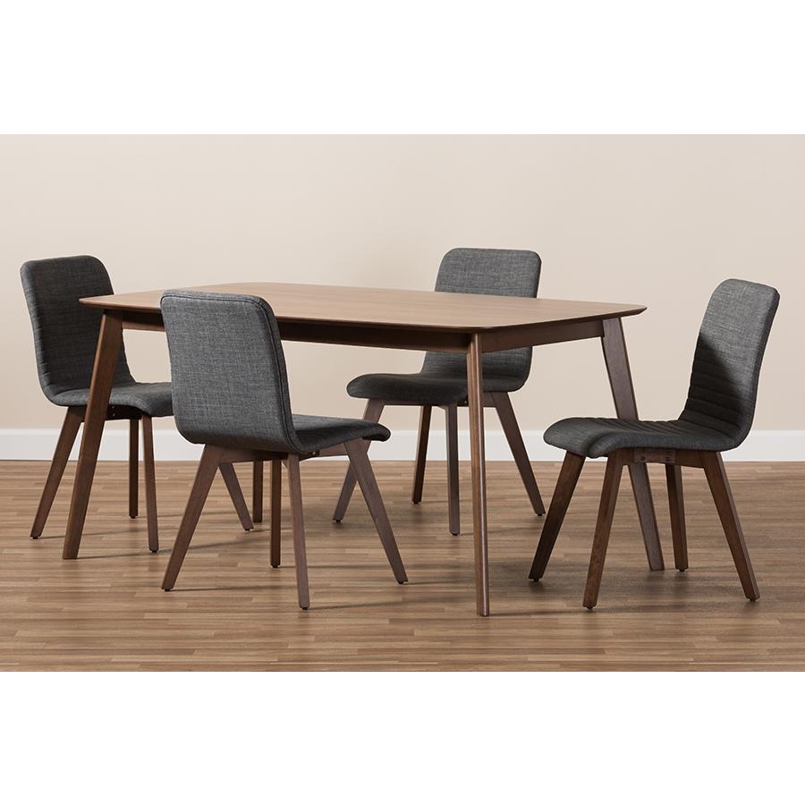 Sugar Mid-Century Modern Dark Grey Fabric Upholstered Walnut Wood Finished 5-Piece Dining Set. Picture 6
