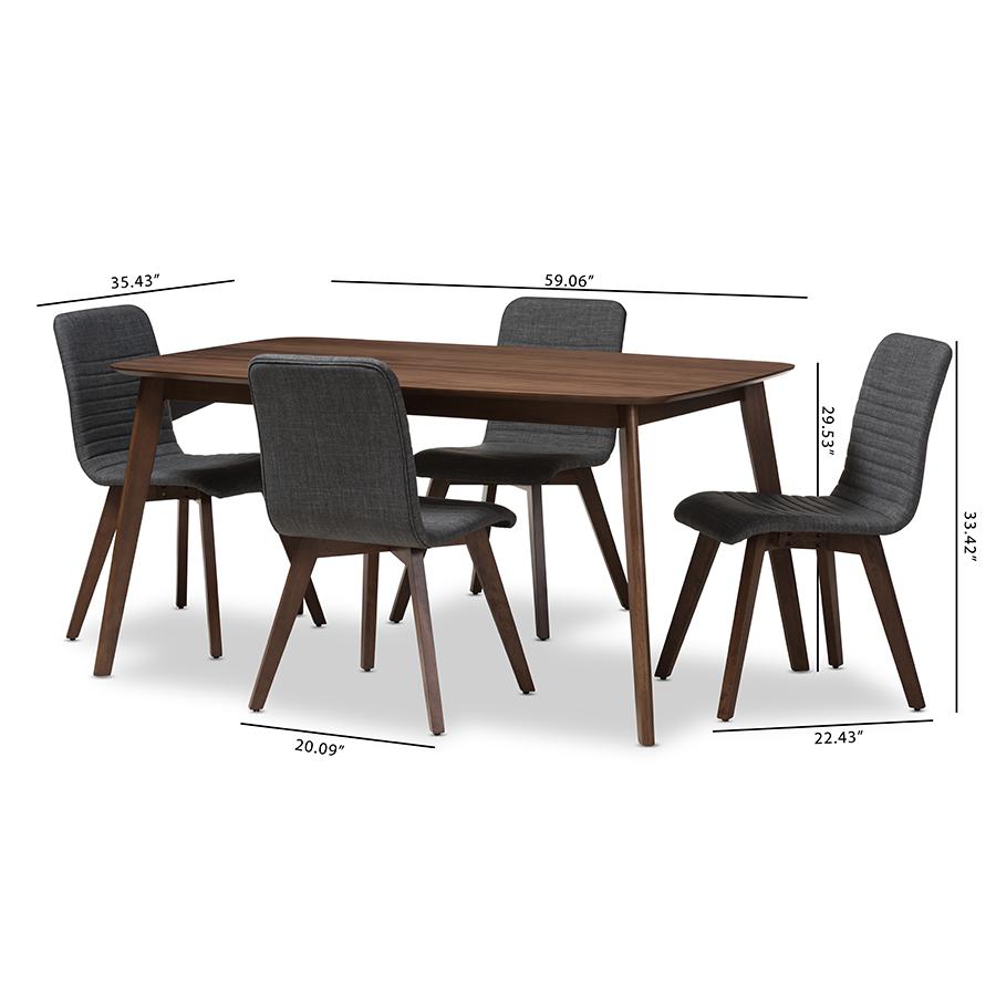 Sugar Mid-Century Modern Dark Grey Fabric Upholstered Walnut Wood Finished 5-Piece Dining Set. Picture 7