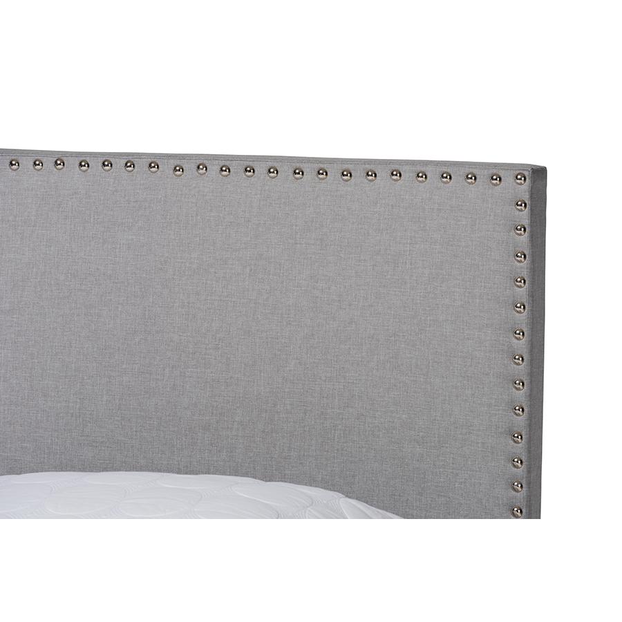 Grey Linen Fabric Upholstered Full Size Panel Bed with Nailhead Trim. Picture 4