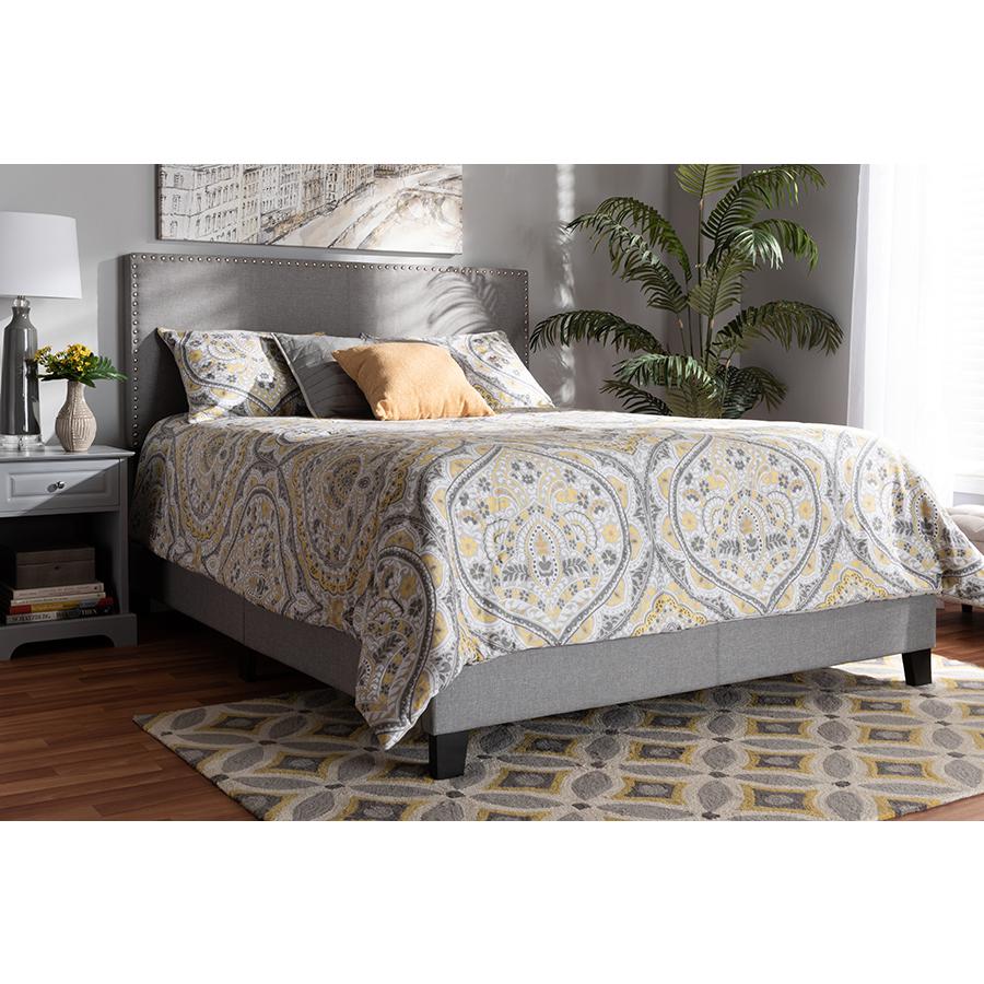 Baxton Studio Ramon Modern and Contemporary Grey Linen Fabric Upholstered Full Size Panel Bed with Nailhead Trim. Picture 6