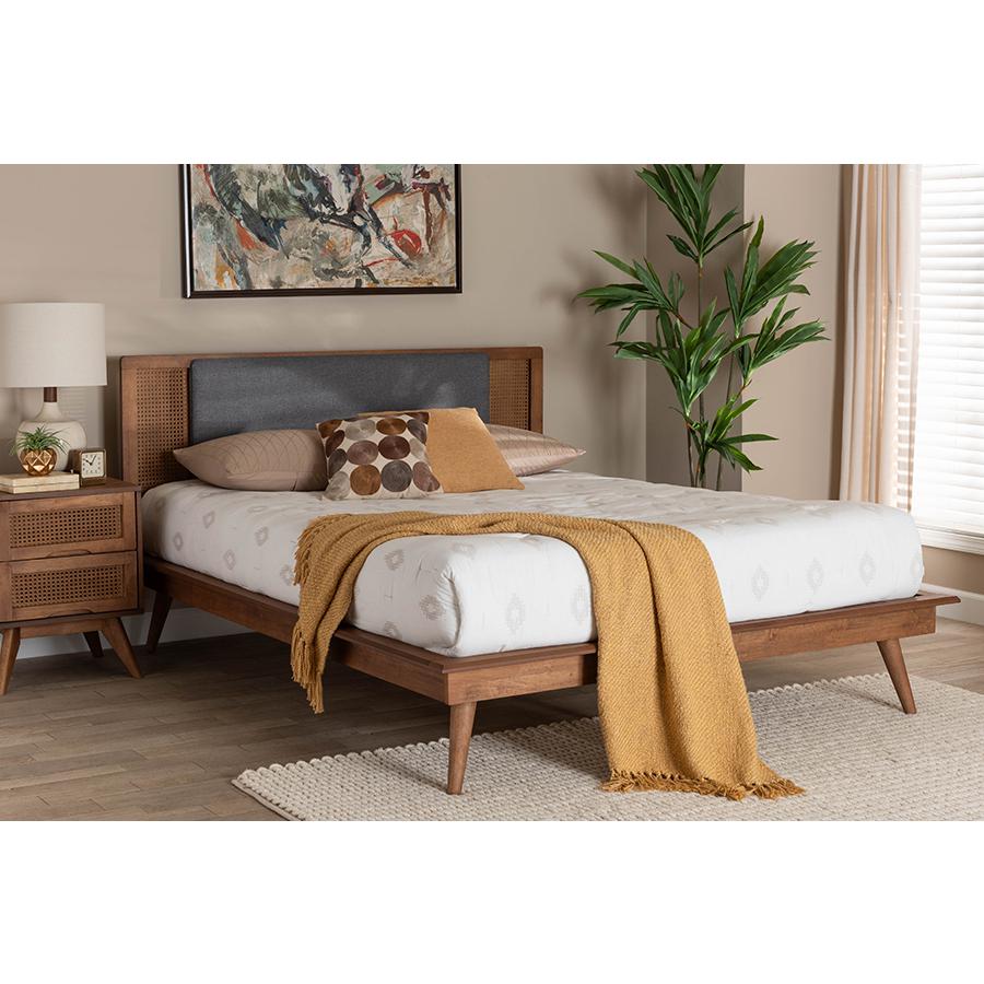 Modern Dark Grey Fabric and Walnut Brown Finished Wood King Size Platform Bed. Picture 7