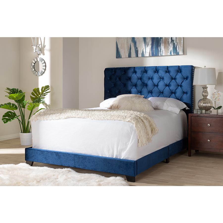 Baxton Studio Candace Luxe and Glamour Navy Velvet Upholstered King Size Bed. Picture 6