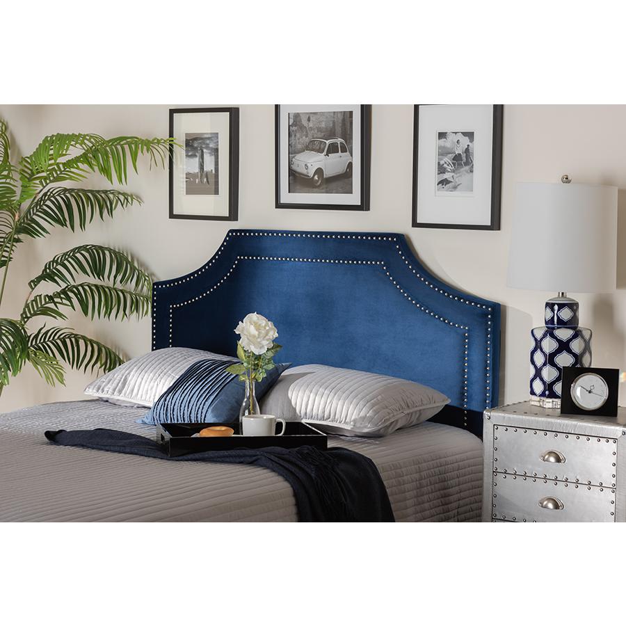 Navy Blue Velvet Fabric Upholstered King Size Headboard. Picture 4