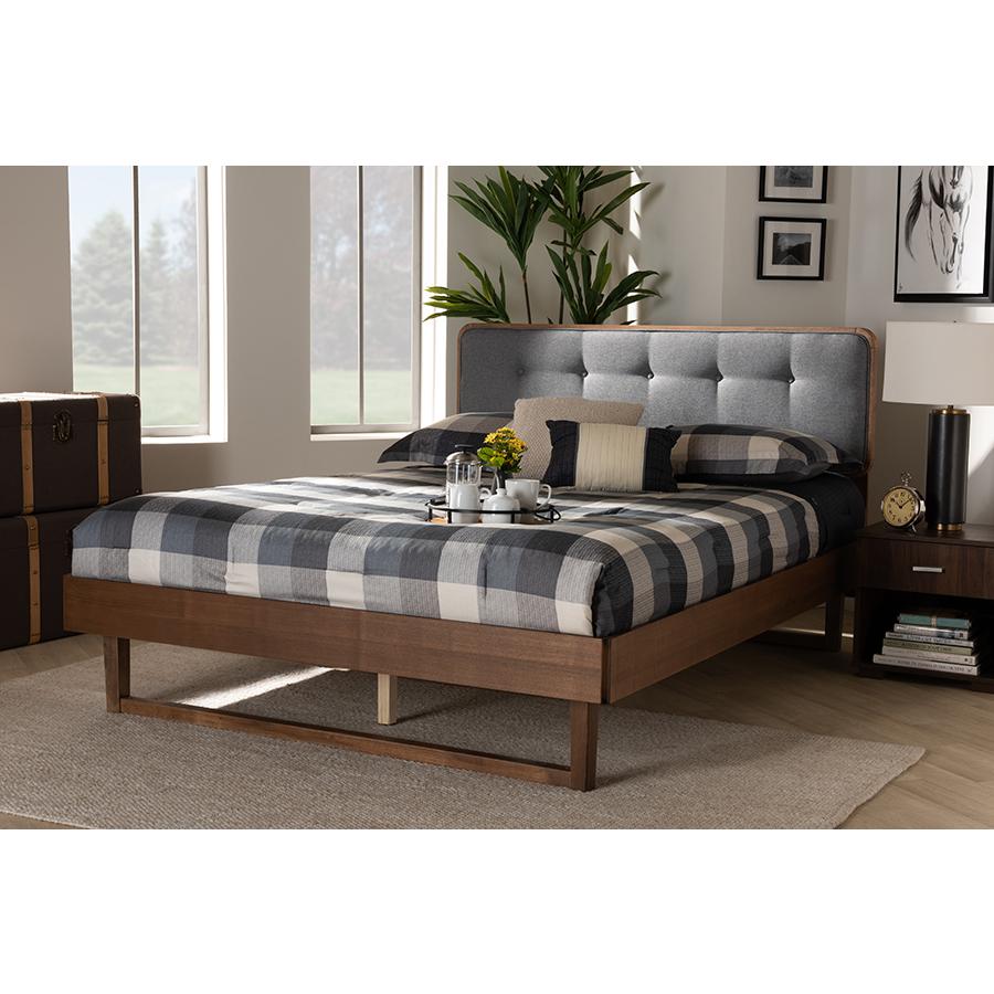 Dark Grey Fabric Upholstered and Ash Walnut Finished Wood King Size Platform Bed. Picture 6