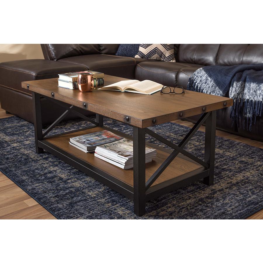 Black Textured Finished Metal Distressed Wood Occasional Cocktail Coffee Table. Picture 5