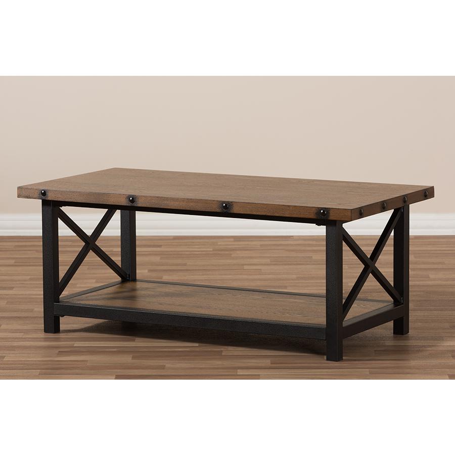 Black Textured Finished Metal Distressed Wood Occasional Cocktail Coffee Table. Picture 6