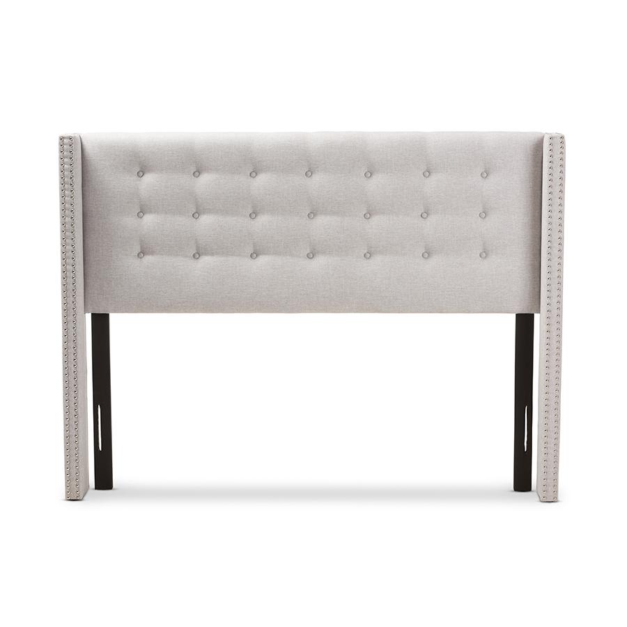 Ginaro Modern And Contemporary Greyish Beige Fabric Button-Tufted Nail head King Size Winged Headboard. Picture 3