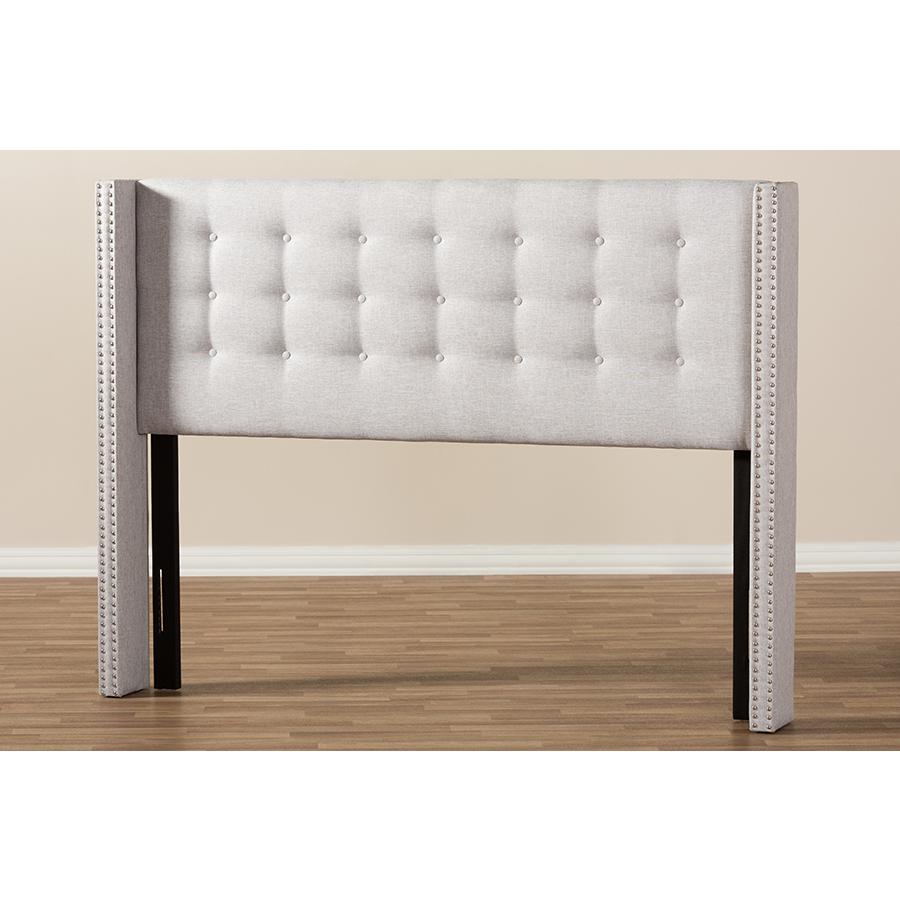 Ginaro Modern And Contemporary Greyish Beige Fabric Button-Tufted Nail head King Size Winged Headboard. Picture 6