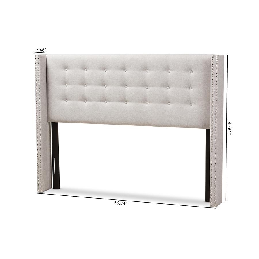 Ginaro Modern And Contemporary Greyish Beige Fabric Button-Tufted Nail head King Size Winged Headboard. Picture 7