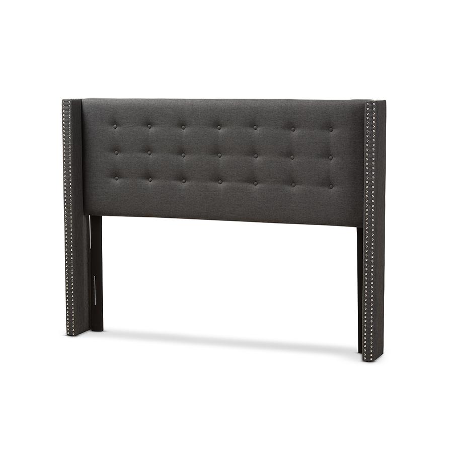 Ginaro Modern And Contemporary Dark Grey Fabric Button-Tufted Nail head Queen Size Winged Headboard. Picture 1